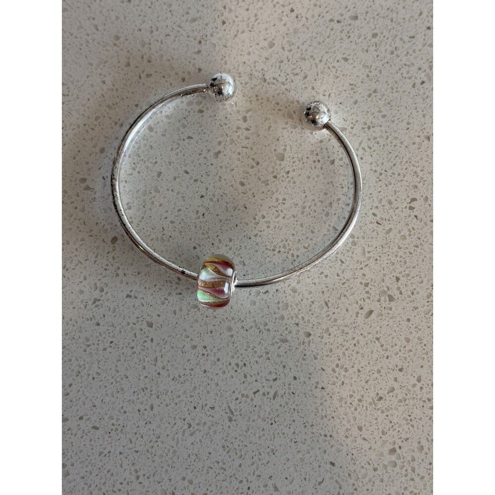 IBB 925 Sterling Silver Charm Cuff Bracelet Multicolor Murano Style Glass Bead